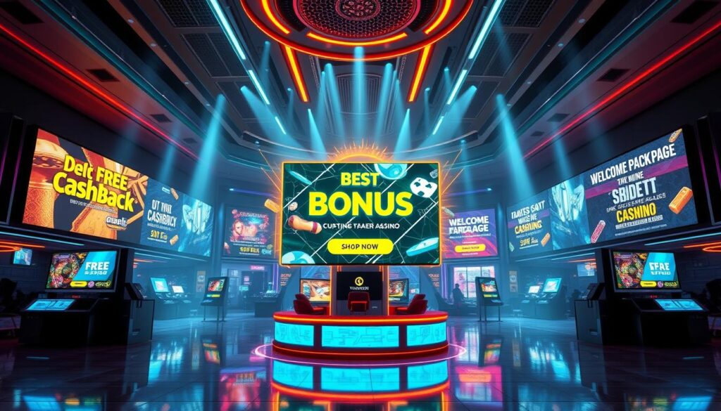 A modern, vibrant online casino lobby with various promotional banners and interactive elements. In the foreground, a large centerpiece display showcases the current "Best Bonus Offer" with dynamic visuals and enticing call-to-action. Surrounding it, multiple smaller banners highlight other ongoing promotions such as "Daily Cashback", "Free Spins", and "Welcome Package". The middle ground features dynamic lighting effects, digital screens, and subtle motion graphics to create an immersive, futuristic atmosphere. In the background, a sleek, minimalist design with cool color tones and geometric patterns sets the tone for a premium, high-tech online entertainment experience.