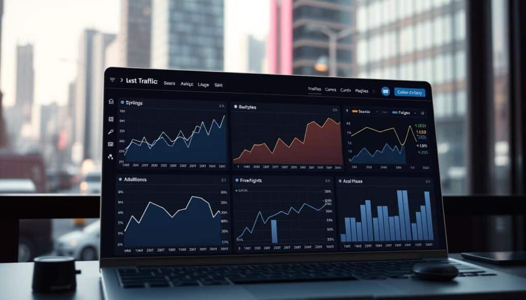 A modern web analytics dashboard with key performance metrics prominently displayed, including website traffic data visualized through interactive line graphs and bar charts. The foreground features a clean, minimalist UI design with intuitive user controls. The middle ground showcases insightful analytics, highlighting traffic sources, user engagement, and conversion rates. The background has a blurred cityscape or abstract geometric pattern, conveying a sense of digital connectivity and online visibility. The lighting is soft and diffused, creating a professional, authoritative tone. The camera angle is slightly elevated, giving an overview perspective.