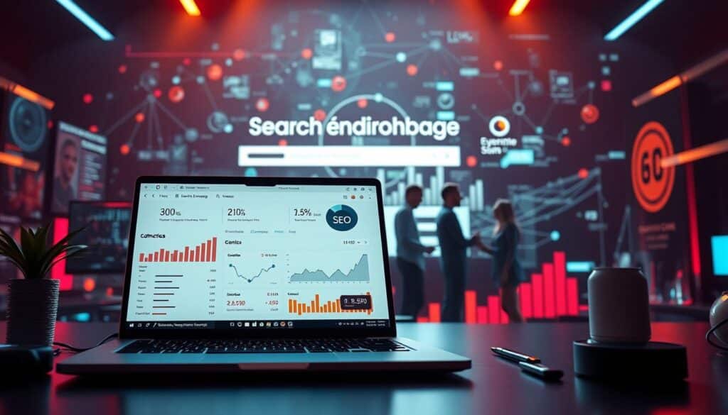 A modern website optimized for search engine visibility, featuring a clean, minimalist design with a focus on user experience. The foreground showcases a laptop display with analytics data and SEO optimization tools, while the middle ground depicts a team of digital marketers collaborating on strategies. The background includes abstract elements representing search engine algorithms, data metrics, and connectivity. The scene is bathed in a soft, warm lighting that creates a professional, results-driven atmosphere. The overall image conveys the best practices and technical expertise required to achieve high search engine rankings for a website.