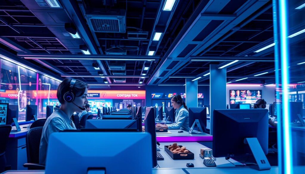 A modern, well-equipped customer service center in a bustling online casino, with a team of attentive agents ready to assist players. The interior features a sleek, minimalist design with a calming color palette, ample lighting, and state-of-the-art communication equipment. Agents are depicted as professional, approachable individuals, ready to address player concerns with a friendly demeanor and efficient problem-solving skills. The overall atmosphere conveys a sense of trust, reliability, and commitment to player satisfaction, reflecting the high-quality customer service standards of the online casino.