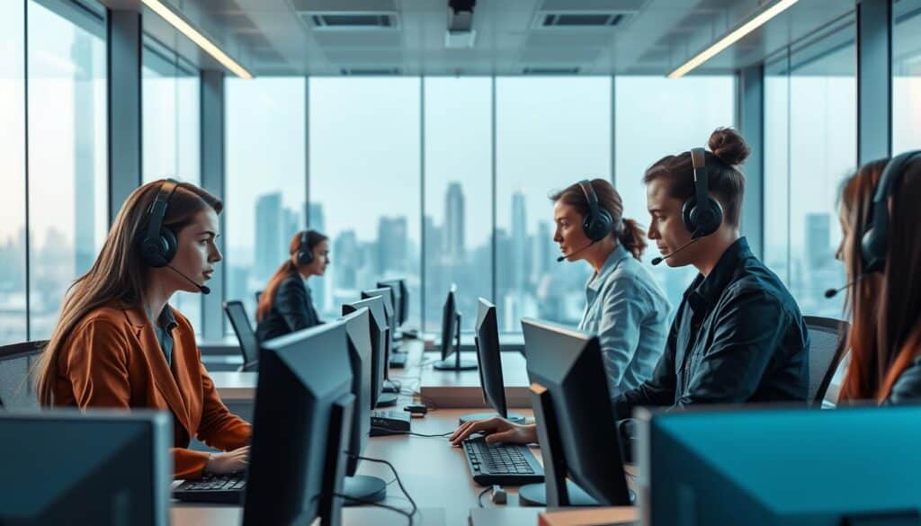 A modern, well-equipped customer support center with a team of professional agents. The foreground shows a group of agents in a bright, open-plan office setting, wearing headsets and assisting customers on their computers. The middle ground features sleek, minimalist workstations and a central help desk. The background showcases a panoramic city skyline visible through large windows, conveying a sense of connectivity and accessibility. The lighting is warm and inviting, with a mix of natural daylight and soft, ambient lighting. The overall atmosphere is one of efficiency, expertise, and a commitment to providing excellent customer service.