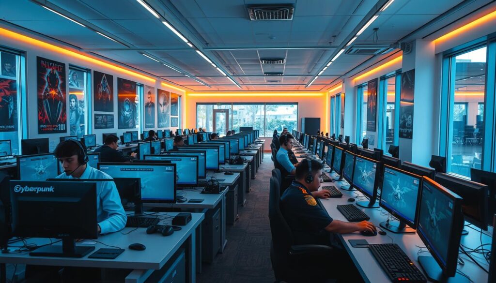 A modern, well-lit game support center with rows of desks and computer stations. Agents in headsets and uniforms sit at their stations, focused on their screens as they attend to player inquiries. The walls are adorned with gaming posters and company branding, creating a professional yet energetic atmosphere. Large windows allow natural light to flood the space, while subtle ambient lighting casts a warm glow. The overall scene conveys a sense of efficiency and a dedication to providing a high level of customer service to passionate online gamers.