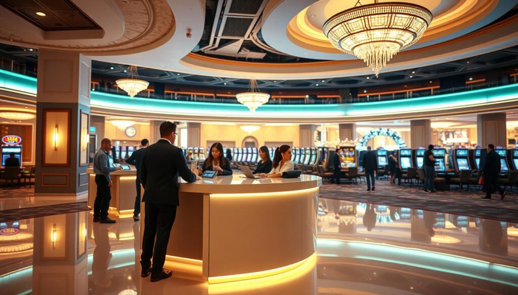 A modern, well-lit interior of a casino lobby, with a prominent counter or teller's desk in the foreground. The desk is adorned with sleek, minimalist design elements, conveying an efficient and streamlined cash handling experience. The middle ground features a few patrons interacting with the staff, while the background showcases the grandeur of the casino, with elegant decor, tasteful lighting, and a sense of anticipation. The overall atmosphere is one of professionalism, convenience, and a smooth, hassle-free financial transaction process.