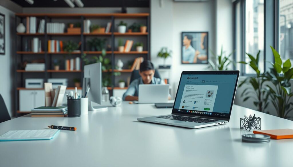 A modern, well-lit office interior with a large desk in the foreground. On the desk, there are various office supplies and a laptop displaying a search engine results page. In the middle ground, a person is seated at the desk, intently focused on the screen. The background features bookshelves, potted plants, and framed artwork, creating a professional and productive atmosphere. The lighting is bright and natural, highlighting the details of the scene. The overall mood is one of research, analysis, and optimization, reflecting the concept of "關鍵字研究 內容優化".