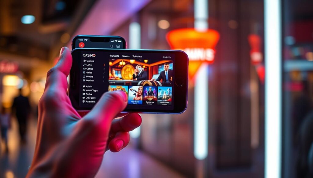 A modern, well-lit smartphone screen displaying the vibrant, user-friendly interface of a mobile online casino. The foreground features a hand holding the device, fingers deftly navigating the intuitive menu options. In the middle ground, a blend of sleek casino imagery and dynamic gameplay elements captivates the user's attention. The background subtly suggests the convenience of accessing entertainment on-the-go, with a softly blurred urban cityscape or interior setting. The overall mood conveys the effortless, immersive experience of mobile casino gaming, catering to the busy, tech-savvy lifestyles of modern users.