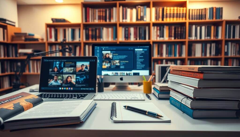 A neatly organized array of learning resources on a clean, well-lit desktop. In the foreground, an open laptop displaying educational videos, a stack of textbooks, and a pen-and-paper notepad. In the middle ground, a desktop monitor showcasing an online learning platform, surrounded by office supplies like highlighters and sticky notes. The background features bookshelves filled with informative volumes, casting a warm, focused glow over the scene. The overall atmosphere is one of productivity, curiosity, and a dedication to self-improvement through a variety of digital and physical educational materials.