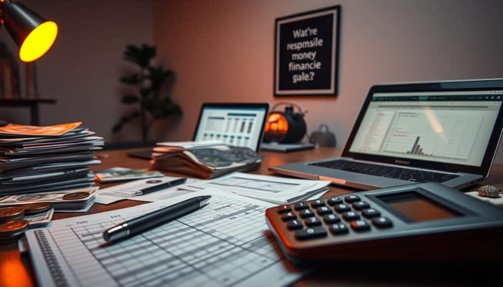 A neatly organized desk with stacks of banknotes, coins, and financial documents, illuminated by warm, focused lighting. In the foreground, a calculator and a pen rest on a ledger, hinting at meticulous record-keeping. The middle ground features a laptop displaying a spreadsheet, underscoring the digital tools employed in effective money management. The background showcases a serene, minimalist office setting, with a framed motivational quote on the wall, inspiring responsible financial decision-making. The overall mood is one of control, discipline, and a deep understanding of the importance of prudent resource allocation.