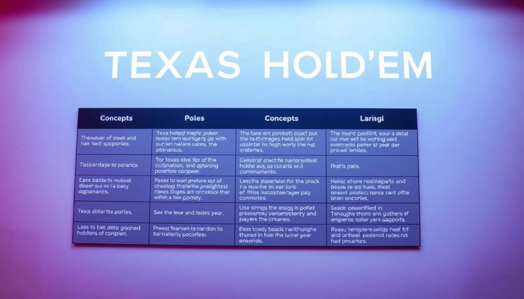 A neatly organized table displaying the basic Texas Hold'em poker rules and concepts, rendered in a clean, minimalist style. The table features crisp typography and simple icons, set against a plain background that allows the information to take center stage. The lighting is soft and diffused, creating a sense of clarity and focus. The camera angle is slightly elevated, giving an overview of the table's layout and structure. The overall mood is informative and educational, inviting the viewer to engage with the fundamental principles of this iconic card game.