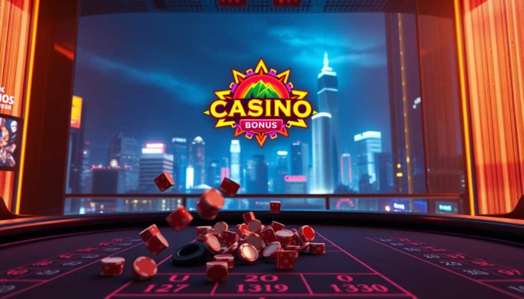 A neon-lit casino interior, with a virtual gaming table in the foreground. Gleaming chips and dice cascade across the tabletop, spilling into the hands of a smiling player. In the middle ground, a larger-than-life casino logo hovers, its vibrant colors and dynamic design commanding attention. The background features a sweeping panorama of the city skyline, its towering high-rises and neon-soaked streets creating an atmosphere of energy and excitement. Soft, warm lighting bathes the scene, enhancing the sense of glamour and allure. The overall impression is one of strategic gameplay, the thrilling promise of rewards, and the tantalizing lure of a casino's generous bonus offerings.