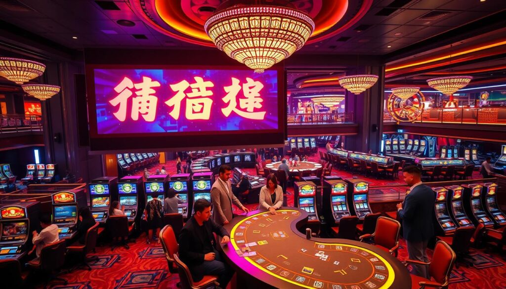 A neon-lit casino lobby, with a large video screen displaying "新玩家優惠" in bold, vibrant Chinese characters. In the foreground, a group of stylishly dressed individuals gather around a sleek, curved gaming table, engrossed in a lively card game. The middle ground features rows of modern slot machines, their screens flashing with captivating graphics and animations. The background is a panoramic view of the casino's interior, complete with glittering chandeliers, plush seating areas, and a sense of excitement and energy. The lighting is warm and inviting, creating a sense of luxury and sophistication. The overall scene conveys the thrill and allure of the casino experience, with the "新玩家優惠" promotion as the focal point.