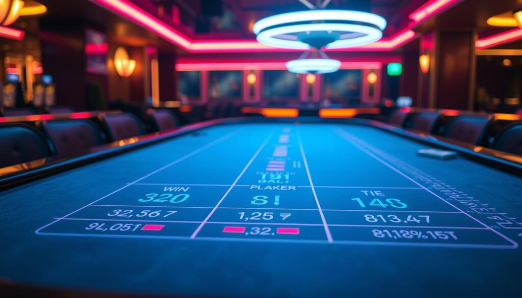 A neon-lit casino table, dimly lit with a warm, atmospheric glow. On the table, a vivid data visualization depicting the win rates and payout ratios of a classic baccarat game. Elegant, minimalist infographics showcase the statistical relationships between the player, banker, and tie outcomes, presented with a sleek, modern aesthetic. The display is set against a backdrop of the casino's opulent decor, hinting at the high-stakes thrill of the game. A sense of precision and strategy pervades the scene, inviting the viewer to explore the nuances of baccarat gameplay.