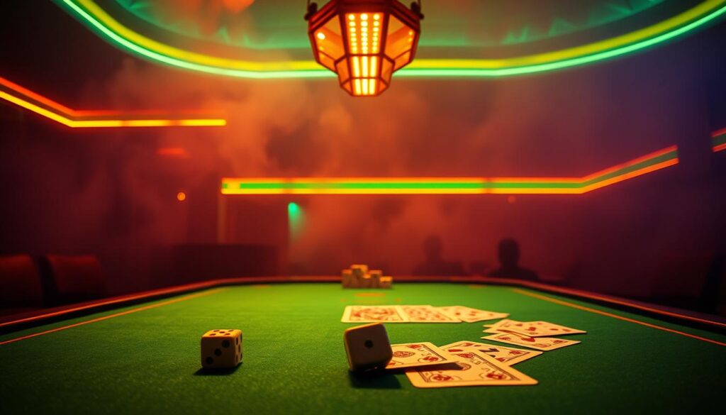 A neon-lit casino table, the green felt surface a canvas for a high-stakes game of Baccarat. Overhead, a suspended array of LED lights casts a warm, atmospheric glow, creating dramatic shadows and highlights across the scene. In the foreground, a pair of dice tumble, their faces obscured, symbolizing the inherent risks and uncertainty of the game. In the middle ground, playing cards fan out, their intricate designs hinting at the complex decision-making required. The background is shrouded in a hazy, smoke-filled atmosphere, evoking the intensity and tension of the gaming environment. The overall mood is one of cautious anticipation, as the viewer is drawn into the precarious balance of risk and reward that defines the game of Baccarat.