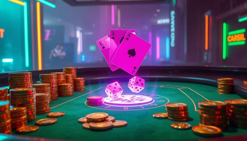 A neon-lit casino table, the green felt surface aglow, surrounded by stacks of gleaming gold coins and casino chips. In the center, playing cards and dice hover, suspended in an ethereal, almost holographic display. The lighting is dramatic, casting deep shadows and highlights that accentuate the sheen of the metal and the translucence of the gaming implements. The background fades into a hazy, dreamlike cityscape, adding a sense of mystery and intrigue. The overall atmosphere is one of excitement, possibility, and the thrill of potential winnings, capturing the essence of "利用網路遊戲技巧贏得娛樂城大獎".