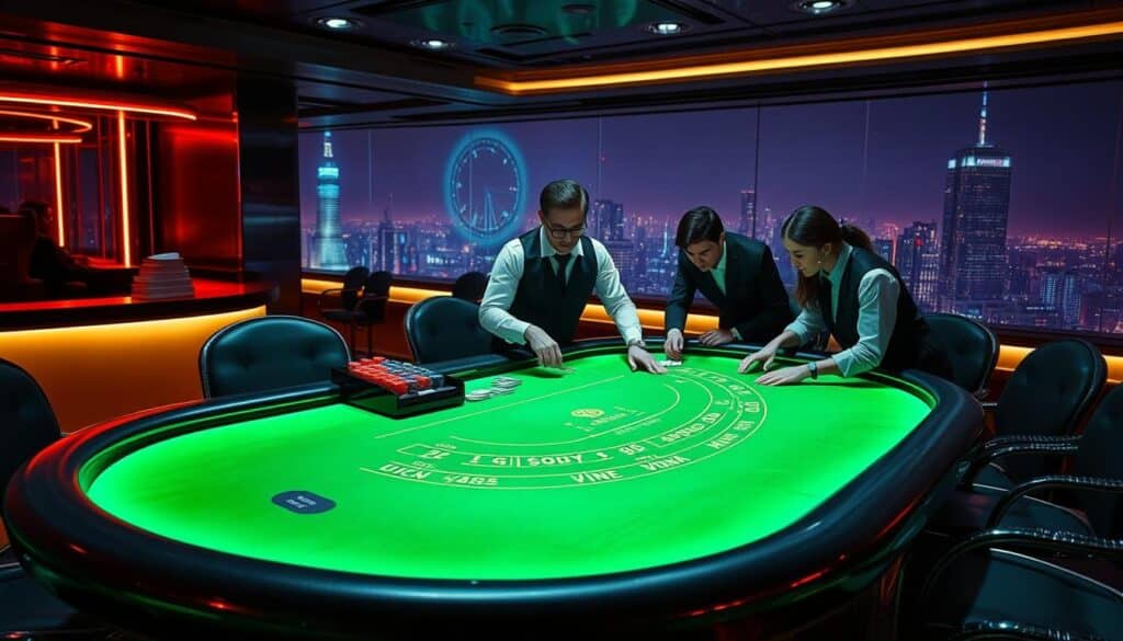 A neon-lit casino table with a green felt surface, surrounded by a dimly lit, modern interior. A dealer in a crisp white shirt and black vest stands ready, cards in hand, as players lean in, their faces illuminated by the glow of the table. The atmosphere is charged with anticipation, the air thick with the thrill of the game. Sleek, chrome accents and a panoramic view of a bustling city skyline in the background set the scene for an immersive online gaming experience. The essence of a sophisticated, high-stakes baccarat game is captured in vivid, photorealistic detail.