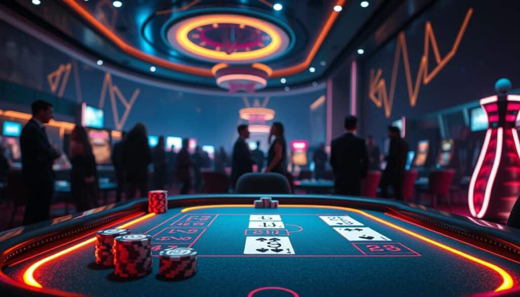 A neon-lit casino table, with poker chips and cards arranged in a neat and orderly fashion, reflecting the clarity and transparency of the game rules. The table is positioned in the foreground, bathed in a warm, inviting glow. In the middle ground, silhouettes of casino patrons engaged in animated conversation, their faces obscured, suggesting the social aspect of the gaming experience. The background features a panoramic view of the casino's interior, with sleek modern architecture and abstract geometric patterns, evoking a sense of sophistication and attention to detail. The overall scene conveys a sense of strategic decision-making, fair play, and an immersive gaming environment.