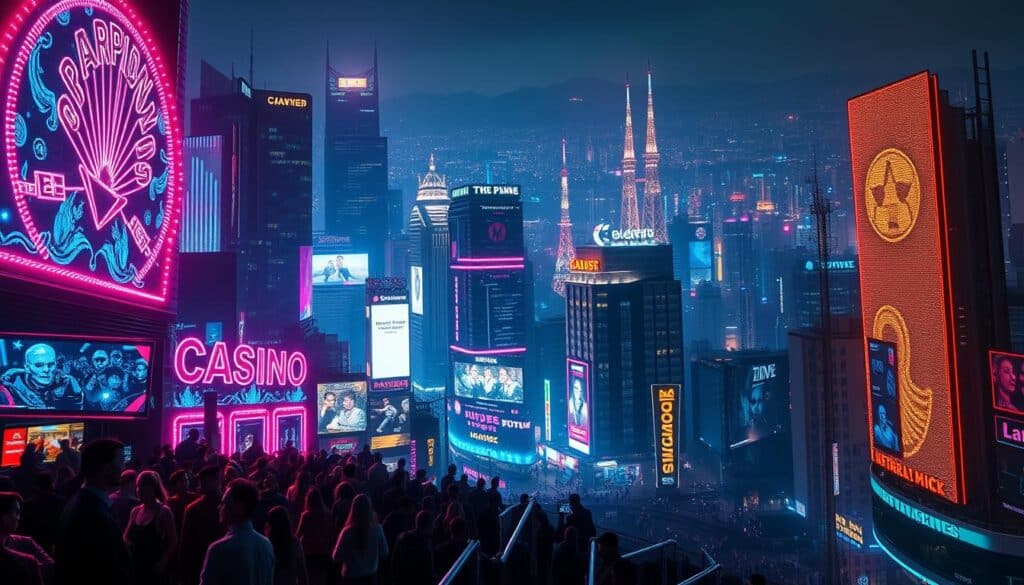A neon-lit cityscape at night, showcasing the digital transformation of the entertainment industry. In the foreground, a holographic casino marquee flickers with dazzling visuals, drawing in a crowd of avatars and AI-powered gaming agents. The middle ground features towering skyscrapers adorned with digital billboards, streaming live entertainment content. In the background, a sprawling network of data centers and communication towers, pulsing with the digital infrastructure that powers the virtual world. Dramatic lighting and cinematic camera angles convey the scale, energy, and technological advancements shaping the future of the entertainment city.