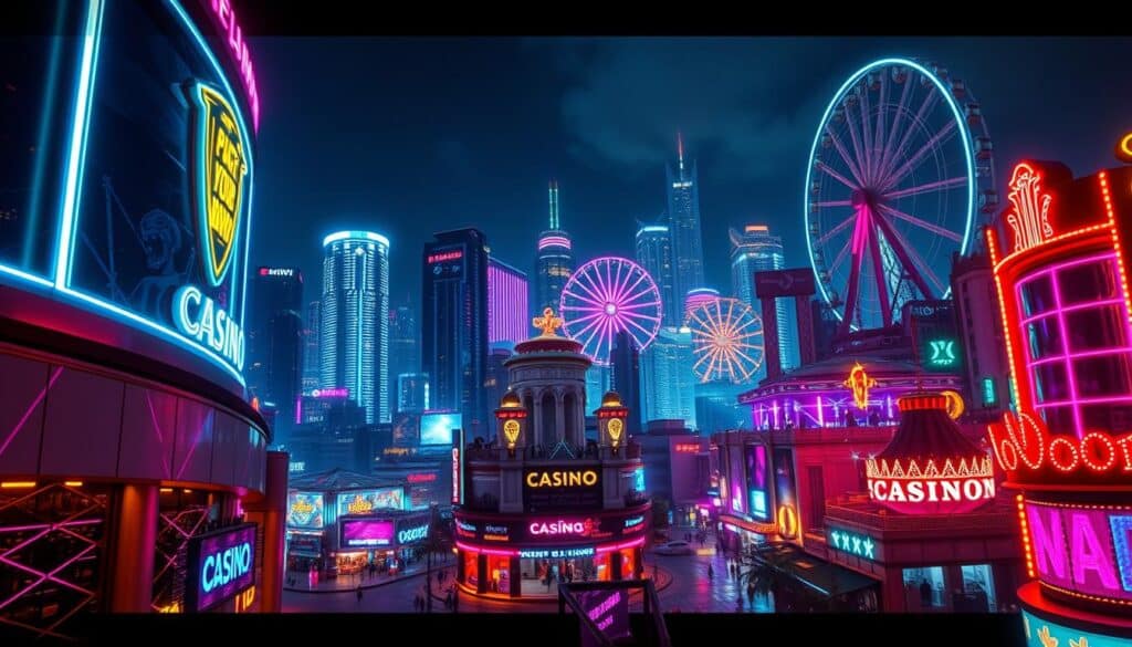 A neon-lit cityscape at night, showcasing the vibrant and immersive world of an online entertainment city. In the foreground, a sleek, modern casino facade with flashing lights and glowing signage inviting players to try their luck. The middle ground features a bustling array of high-rise buildings, their windows aglow with the energy of a thriving virtual metropolis. In the background, a towering ferris wheel and other amusement park attractions add to the sense of excitement and entertainment. The scene is captured with a wide-angle lens, creating a cinematic, panoramic view that captures the scale and grandeur of this online gaming utopia.