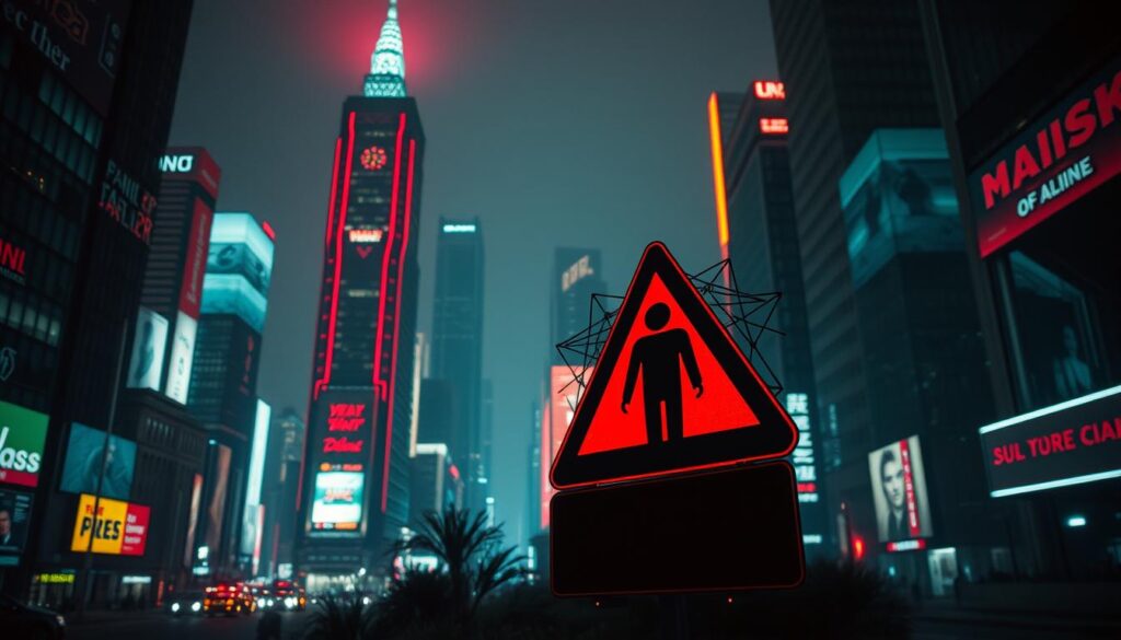 A neon-lit cityscape at night, the skyscrapers and billboards casting an eerie glow across the urban landscape. In the foreground, a warning sign emerges from the shadows, its bold, angular design and stark red-and-black color scheme conveying a sense of caution and danger. The sign depicts an abstract, stylized figure, perhaps a cautionary symbol, surrounded by a web of intricate lines and geometric patterns suggestive of the complex web of online fraud. The atmosphere is tense, unsettling, with a hint of the ominous, reflecting the perils of the digital world and the need to remain vigilant against the growing threat of online scams targeting the unwary.