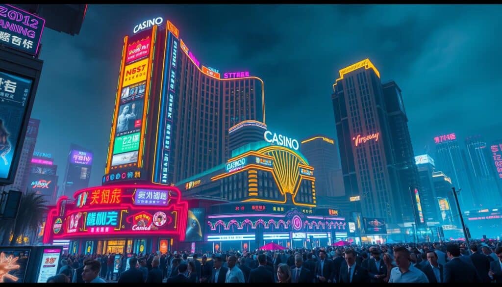 A neon-lit cityscape at night, with a towering casino complex as the central focus. The building's facade is adorned with colorful, animated LED displays showcasing various gaming options and promotions. In the foreground, a bustling crowd of well-dressed patrons streams towards the entrance, their excitement palpable. The middle ground features a mix of luxury hotels, restaurants, and other entertainment venues, all illuminated by a dazzling array of lights. The background is a hazy, futuristic skyline, suggesting the advanced, interconnected nature of this thriving online gaming metropolis. The scene conveys a sense of energy, opulence, and the allure of high-stakes excitement that defines the virtual world of "線上娛樂城".