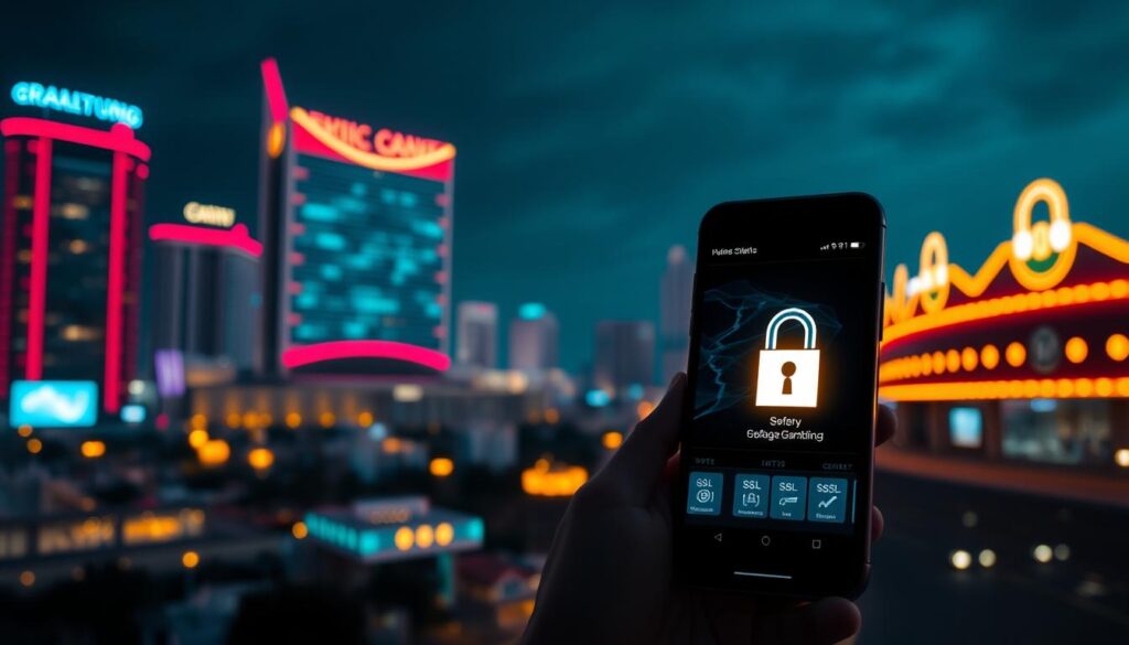 A neon-lit cityscape at night, with the silhouette of a high-rise casino in the distance. In the foreground, a smartphone display showcases a sleek, user-friendly online gambling platform, its security features highlighted by glowing padlocks and SSL certificates. The scene evokes a sense of modern, regulated online gambling, with an emphasis on safety and trustworthiness. The lighting is dramatic, casting shadows and highlights that accentuate the digital interface and its security elements. The overall mood is one of sophistication and assurance, instilling confidence in the user's experience.