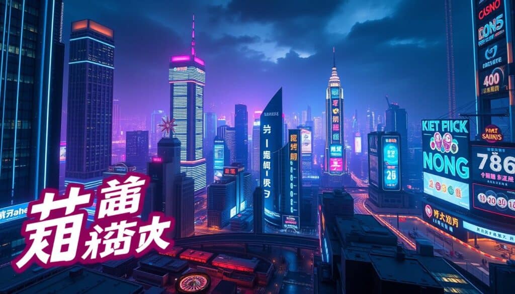 A neon-lit cityscape at night, with towering skyscrapers and glowing billboards showcasing the latest online casino gaming trends. The foreground features a stylized graphic depicting the Chinese characters "最新博彩資訊" (Latest Gambling Information), rendered in a sleek, contemporary design. The middle ground showcases various casino icons and symbols, such as poker chips, roulette wheels, and slot machine reels, all illuminated by a vibrant, futuristic lighting scheme. The background is a panoramic view of the bustling urban landscape, with a dynamic, fast-paced atmosphere that conveys the excitement and energy of the online gaming industry. The overall composition should evoke a sense of modernity, innovation, and the thrill of the latest gambling developments.