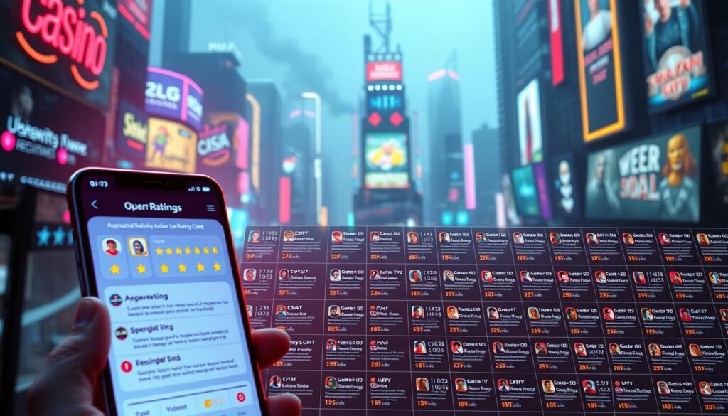 A neon-lit digital interface showcasing a grid of user reviews and ratings for an online casino game. In the foreground, a glowing smartphone screen displays an aggregated rating and sentiment analysis, with positive and negative icons. The middle ground features a sprawling array of review snippets, avatars, and numerical scores, all pulsing with dynamic animations. In the background, a hazy cityscape of gleaming high-rises and electronic billboards sets the urban, tech-savvy atmosphere. Cinematic lighting from above casts dramatic shadows, while a shallow depth of field focuses attention on the central review metrics. The overall mood conveys the importance of player feedback in shaping the online gaming experience.
