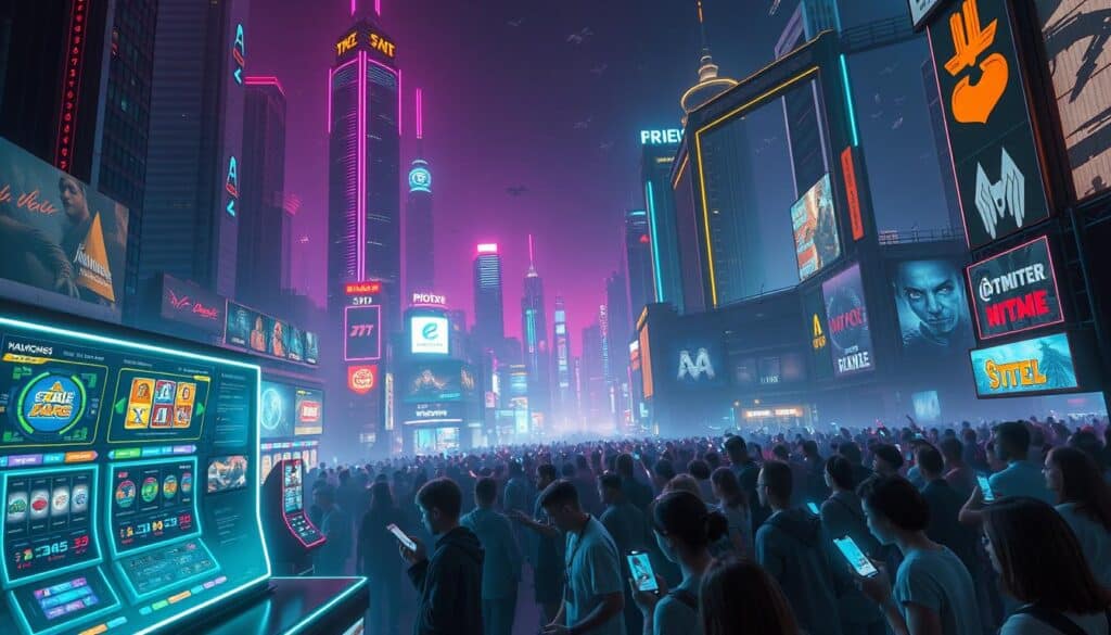 A neon-lit, futuristic cityscape at night, with towering skyscrapers and holographic billboards advertising an online entertainment hub. The foreground features a sleek, modern interface showcasing various gaming options, from slot machines to live-streamed esports events. In the middle ground, a throng of people immersed in their mobile devices, their faces aglow with the vibrant display. The background is a hazy, cyberpunk-inspired landscape, with flying vehicles and pulsing lights that create a sense of energy and excitement. The overall atmosphere is one of technological sophistication, immersive entertainment, and a dynamic, urban nightlife.