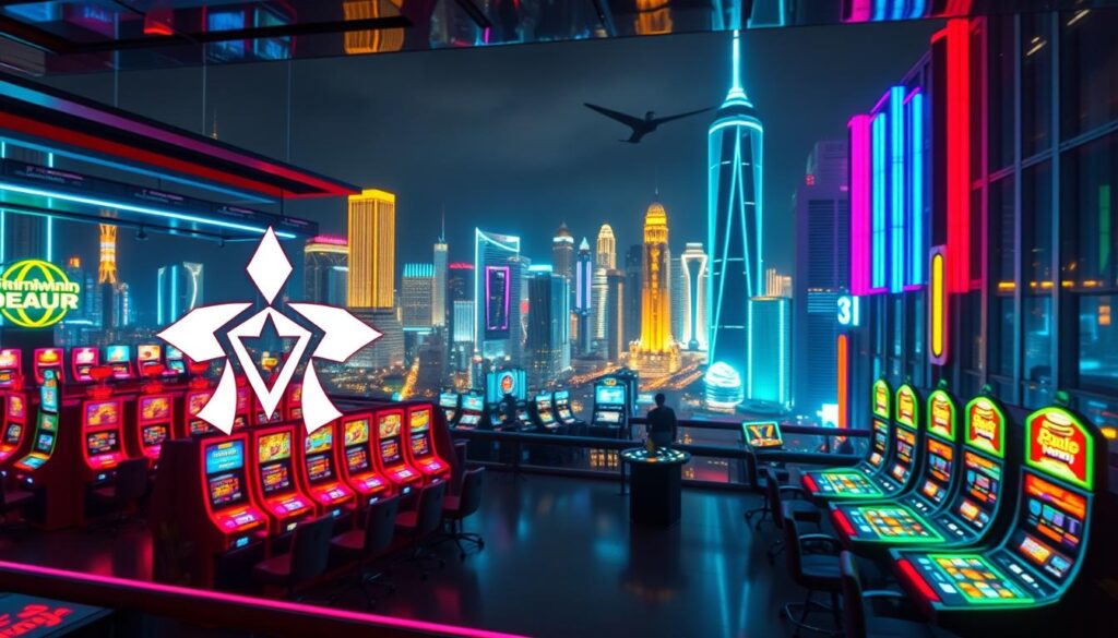 A neon-lit online gambling website set against a sleek, modern cityscape. The foreground features a stylized logo or brand mark, radiating an air of sophistication and exclusivity. In the middle ground, rows of slot machines and digital gaming tables are bathed in a kaleidoscope of vibrant colors, creating an immersive, high-energy atmosphere. The background depicts a panoramic view of a bustling metropolis, its towering skyscrapers and neon-drenched streets conveying a sense of urban opulence and the thrill of big-city living. The overall composition is captured through a wide-angle lens, emphasizing the scale and grandeur of the scene, with dramatic lighting and depth of field creating a cinematic, almost dreamlike quality.