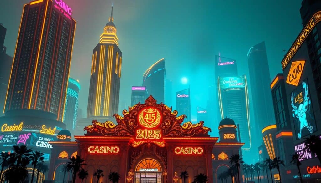 A neon-lit skyline of a fictitious 2025 entertainment city, with towering skyscrapers in shades of gold and emerald. In the foreground, a grandiose casino facade adorned with intricate designs and flashing lights, luring unsuspecting players. The atmosphere is one of opulence and deception, with a hazy, dreamlike quality to the scene, as if the city itself is a mirage. The lighting is dramatic, casting long shadows and highlighting the sleek, modern architecture. The overall impression is of a lavish, alluring trap, promising thrills and riches, but concealing a darker underbelly of fraud and exploitation.