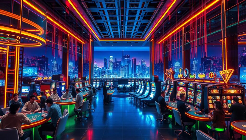 A neon-lit virtual casino floor, bathed in a warm, inviting glow. Sleek, modern design elements like glass, chrome, and dynamic lighting create a premium atmosphere. In the foreground, a group of well-dressed players immerse themselves in thrilling table games, their faces alight with excitement. In the middle ground, a high-tech lobby showcases a variety of interactive entertainment experiences, from virtual reality gaming to state-of-the-art slot machines. The background features a panoramic city skyline, hinting at the boundless possibilities of this elite online entertainment destination. The overall scene conveys a sense of luxury, innovation, and the pinnacle of online gaming pleasure.