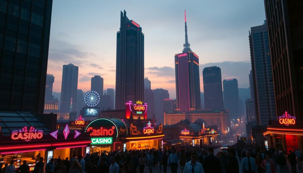 A panoramic city skyline at dusk, with towering skyscrapers and neon-lit entertainment complexes dominating the landscape. In the foreground, a bustling casino entrance beckons visitors with its flashy signage and vibrant atmosphere. The middle ground features a diverse crowd of patrons, some entering the casino, others spilling out onto the streets. The background is a hazy, urban vista, hinting at the rapid growth and transformation of this entertainment-centric metropolis. The lighting is warm and evocative, casting a sense of excitement and anticipation. The overall composition conveys the dynamic rise of the "entertainment city" as a significant cultural and economic force.