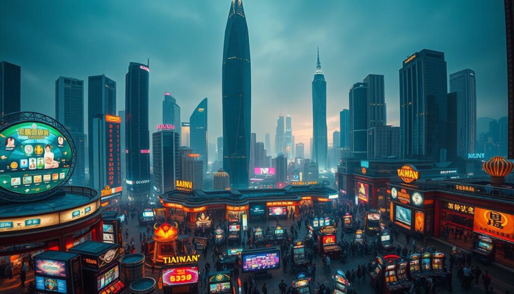 A panoramic overview of the Taiwanese online gambling market, captured in a sleek, cinematic composition. In the foreground, a vibrant array of digital gambling platforms and mobile apps, their interfaces shimmering with enticing graphics. The middle ground features a bustling cityscape, neon-lit casinos, and crowds of players engrossed in their devices. The background is filled with towering skyscrapers, their reflections casting a futuristic glow across the scene. Subtle lighting emphasizes the dynamic energy and rapid growth of this thriving digital entertainment industry. The overall mood is one of technological sophistication, financial opportunity, and the allure of chance that captivates Taiwan's gaming enthusiasts.