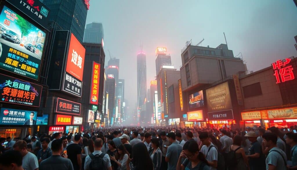 A panoramic view of the bustling online gambling market in Taiwan, captured with a high-resolution wide-angle lens. In the foreground, a neon-soaked cityscape of towering skyscrapers and vibrant advertisements for various online casinos and betting platforms. The middle ground features a throng of people engrossed in their mobile devices, immersed in the digital world of betting and gaming. The background is a hazy, atmospheric blend of bright lights and a pulsing, electrified energy, conveying the sense of a rapidly evolving and lucrative industry. The scene is bathed in a warm, saturated color palette, evoking the excitement and allure of the online gambling landscape in Taiwan.