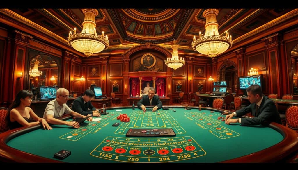 A panoramic view of the evolution of baccarat through the ages, capturing the timeless elegance and excitement of this iconic casino game. In the foreground, a classic baccarat table with players engrossed in the game, their expressions a mix of concentration and anticipation. The middle ground showcases the transition from early hand-dealt baccarat to the modern, automated dealing systems, while the background depicts the grandeur of historic casino halls, their ornate architecture and chandeliers serving as a testament to the game's enduring legacy. Warm lighting and a sense of energy and sophistication permeate the scene, creating an immersive visual journey through the rich history of baccarat.