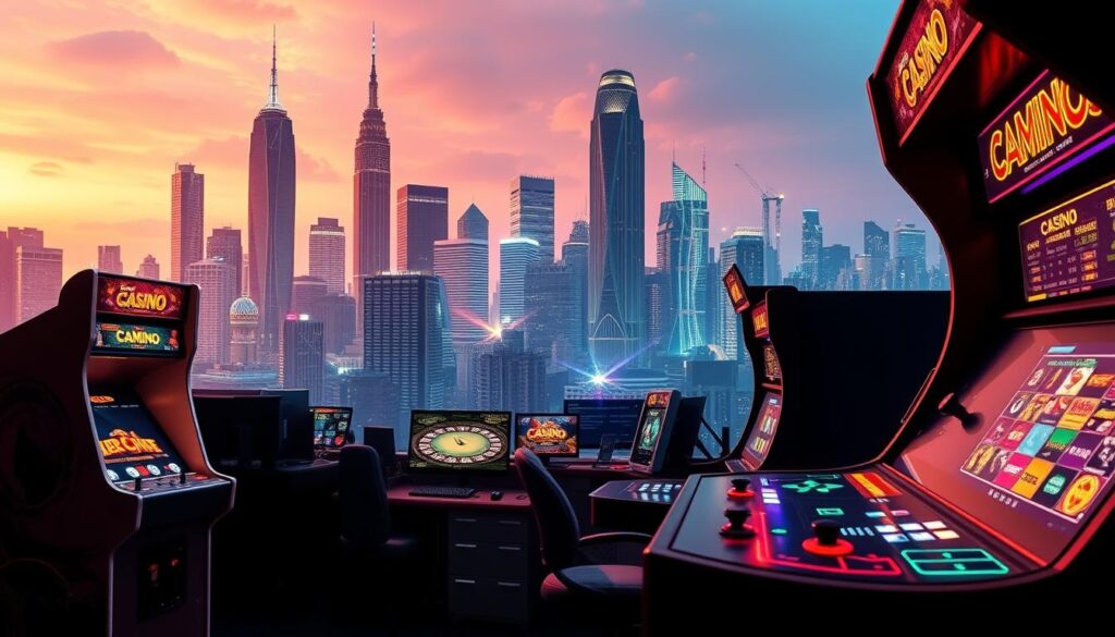 A panoramic view of the evolution of online gaming and casino platforms. In the foreground, a retro-style arcade cabinet and a modern touchscreen interface represent the progression from physical to digital entertainment. The middle ground showcases various devices, from desktops to mobile phones, symbolizing the expanding accessibility of online gaming. In the background, a cityscape with towering skyscrapers and neon lights reflects the urban landscape where these virtual casinos thrive. Warm lighting and a vibrant color palette convey the excitement and allure of the digital gambling industry. The scene captures the trajectory of online entertainment, from its humble beginnings to its current state-of-the-art advancements.