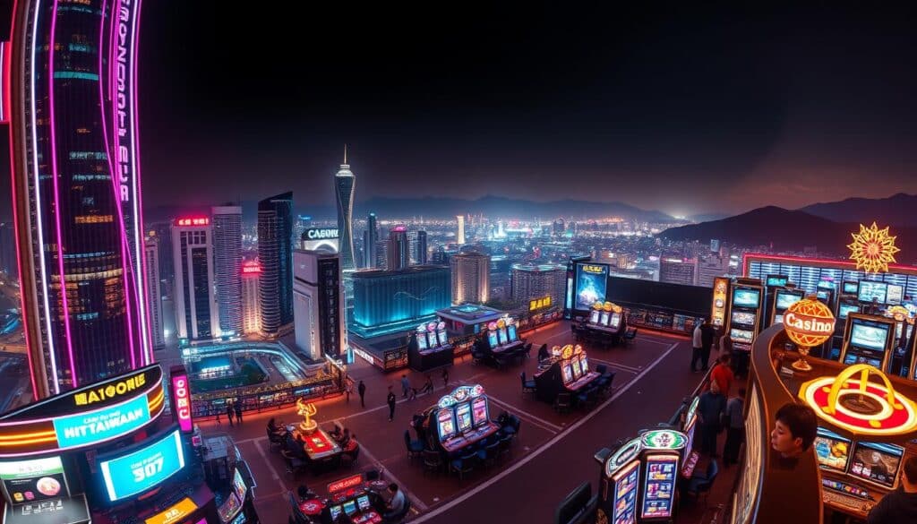 A panoramic view of the thriving Taiwanese online casino market, captured through a cinematic lens. In the foreground, a neon-lit cityscape with sleek high-rise towers and bustling streets, reflecting the vibrant energy of the industry. The middle ground features a bustling casino floor, with patrons engrossed in a variety of table games and slot machines, their faces illuminated by the warm glow of the screens. In the background, a sweeping mountainous landscape, hinting at the natural beauty that juxtaposes the urban landscape. The scene is bathed in a soft, golden light, creating a sense of opulence and prosperity. The overall composition conveys the scale, sophistication, and allure of the Taiwanese online casino market.
