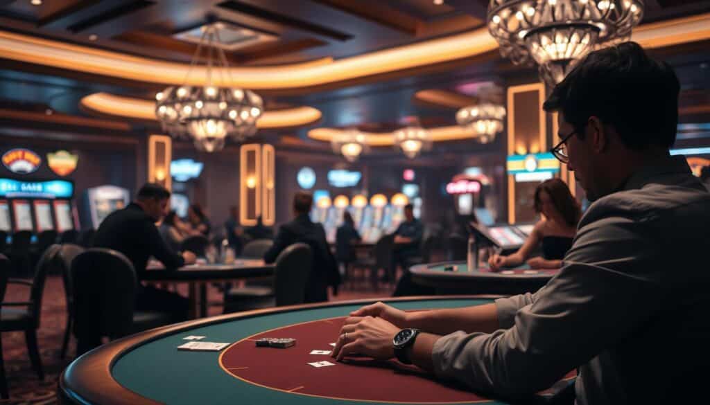 A peaceful casino scene with muted tones and a serene atmosphere. In the foreground, a person sits at a table, carefully considering their next move, radiating a sense of thoughtfulness and control. The middle ground features other patrons engaged in low-stakes games, their expressions calm and focused. The background showcases the casino's elegant design, with soft lighting, warm colors, and subtle decorative elements that create an atmosphere of safety and comfort. The overall composition conveys the idea of responsible gambling habits, where the thrill of the game is balanced with a mindful approach and a commitment to financial well-being.