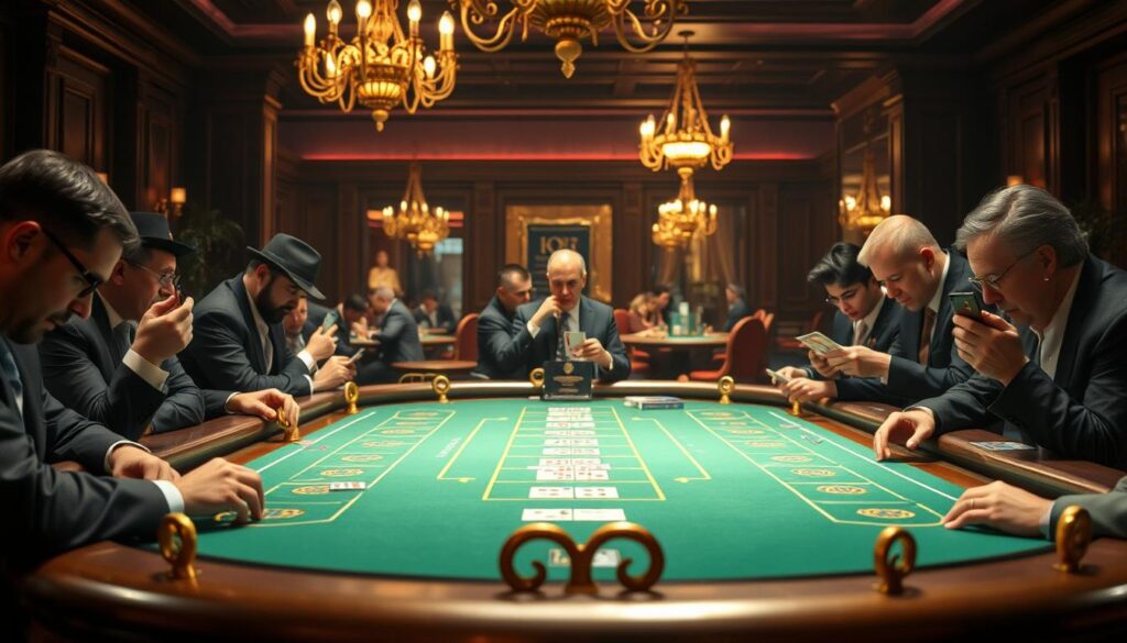 A peaceful yet focused casino scene, with the classic green felt baccarat table as the central focus. The table is adorned with ornate brass railings and illuminated by warm, muted lighting, creating a welcoming yet sophisticated ambiance. Surrounding the table, players study their cards intently, their faces partially obscured by the shadows, conveying the intense concentration of the game. In the background, subtle details like chandeliers and dark wood panels suggest an opulent, old-world casino setting. The overall composition evokes the timeless allure and strategic nature of the baccarat gameplay.