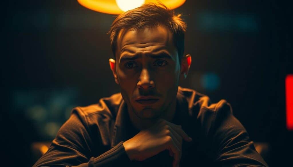 A pensive figure sits in a dimly lit room, surrounded by a soft halo of warm light. Their expression reflects deep contemplation, brow furrowed, eyes gazing inward. The background is blurred, creating a sense of introspection and focus. The figure's body language conveys a sense of concentration, as if grappling with the mental and emotional demands of the task at hand. Subtle shadows and highlights accentuate the contours of the face, suggesting an inner intensity and determination. The overall atmosphere is one of quiet intensity, inviting the viewer to consider the multifaceted nature of the "心理素質" required for the challenges faced in the world of casino gaming.