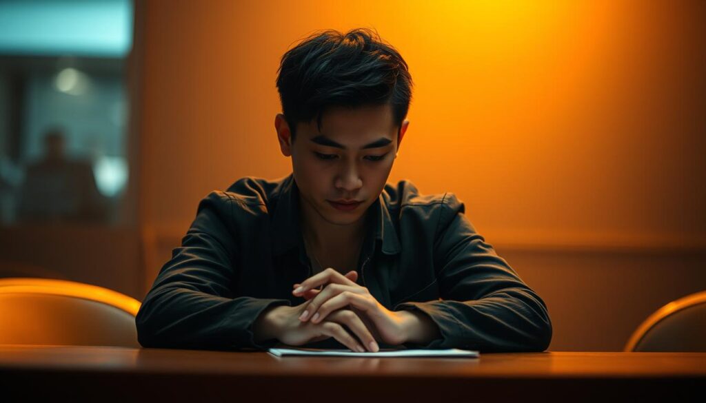 A person sitting at a table, deep in thought, their face etched with a calm, focused expression. The background is blurred, emphasizing the subject's emotional state. Soft, warm lighting casts a soothing glow, creating a sense of introspection and control. The person's posture is upright, hands resting gently on the table, conveying a sense of discipline and poise. The overall atmosphere is one of deliberation and mastery over one's emotions, evoking the concept of "情緒控制".