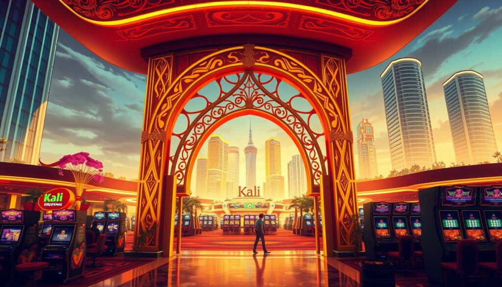 A picturesque illustration of the Kali Entertainment City, showcasing its vibrant and modern architecture. In the foreground, the main entrance features a grand, illuminated archway adorned with intricate designs, welcoming visitors. The middle ground depicts the expansive gaming floor, with sleek casino tables and rows of gleaming slot machines, creating an atmosphere of excitement and entertainment. In the background, the skyline is dotted with towering glass-and-steel buildings, conveying a sense of sophistication and urban vibrancy. The scene is bathed in a warm, golden light, casting a welcoming glow and evoking a premium, luxurious ambiance. The overall composition captures the essence of Kali Entertainment City as a premier destination for gaming, leisure, and indulgence.