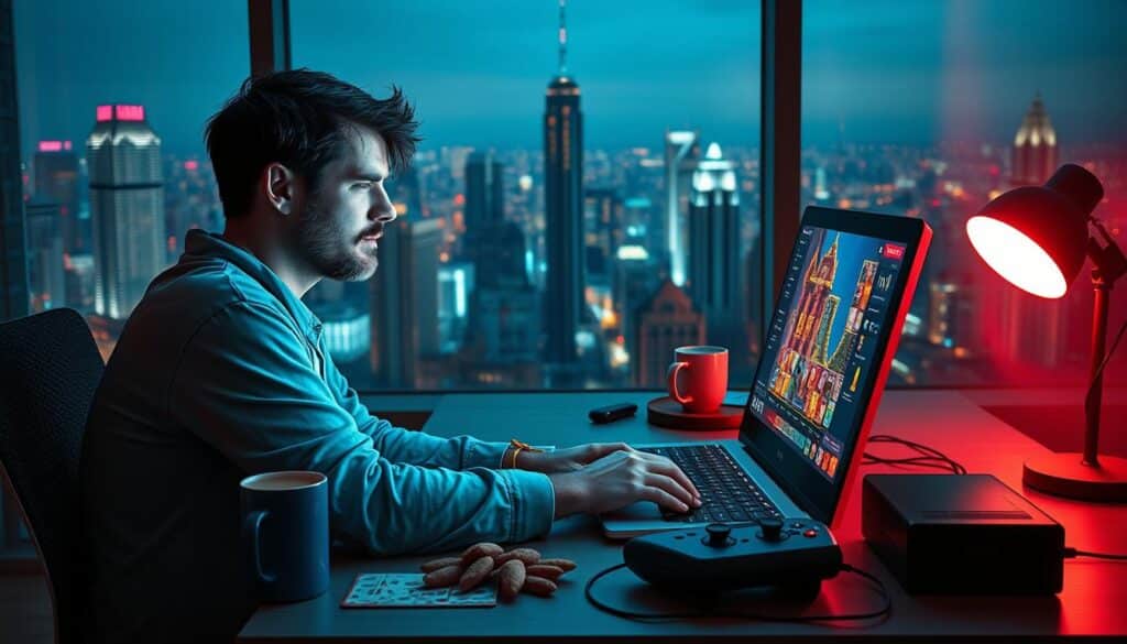 A player sits at a desk, illuminated by a soft, warm light that casts a cozy glow. The player's face is filled with a sense of immersion, as they navigate the vibrant, pixelated world of an online casino on their laptop screen. The desk is cluttered with snacks, a mug of steaming beverage, and a retro gaming controller, highlighting the player's dedication to their entertainment experience. In the background, a large window overlooking a bustling city skyline provides a sense of context and connection to the real world. The overall scene conveys a blend of digital escapism and personal comfort, reflecting the player's intimate, hands-on journey with the online casino.