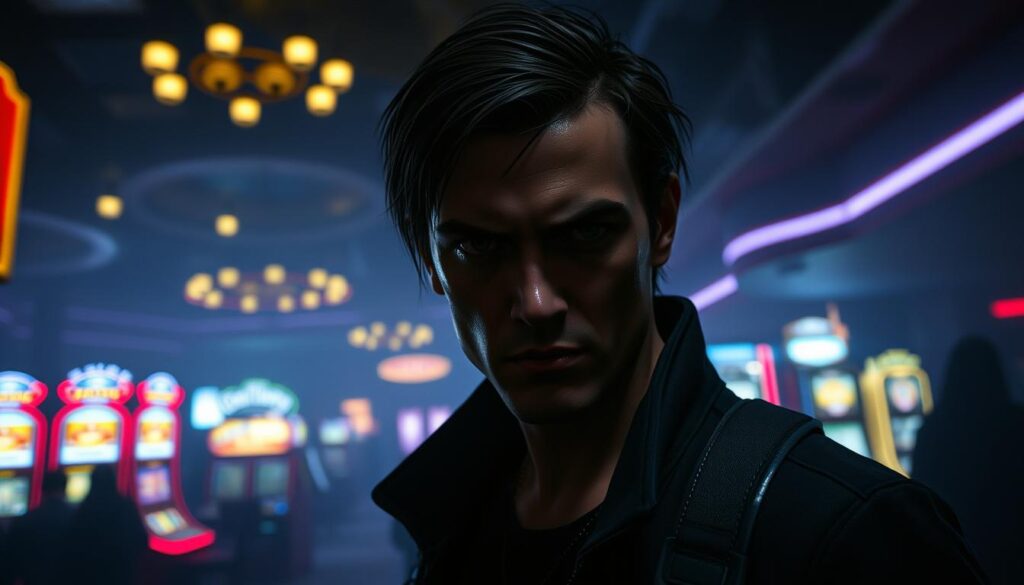 A player standing in a dimly lit casino, their face partially obscured by shadows, a look of caution and vigilance in their eyes. In the background, the flashing lights and bustling activity of the gaming floor create a sense of unease and potential danger. The player's body language suggests a defensive posture, ready to react to any suspicious activity. The lighting is dramatic, with deep shadows and highlights that accentuate the player's determined expression. The composition is balanced, with the player positioned slightly off-center, drawing the viewer's attention to their protective stance. The overall atmosphere conveys the need for self-preservation in the face of potential threats within the alluring world of the casino.