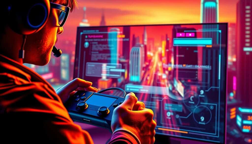 A player's anticipation for an exceptional user experience is captured in this vibrant, digital composition. The foreground depicts a confident gamer, their hands gripping a sleek, state-of-the-art controller, eyes fixed on a large, immersive display. The middle ground showcases a seamless, intuitive user interface, with clean lines and intuitive controls, hinting at the effortless navigation and engagement the player expects. The background features a dynamic, futuristic cityscape, conveying a sense of technological advancement and the high-quality, reliable entertainment the player seeks. Warm, dynamic lighting casts an inviting glow, while the composition's sharp angles and bold colors evoke a sense of excitement and anticipation. This image captures the player's vision for a thrilling, secure, and polished online gaming experience.