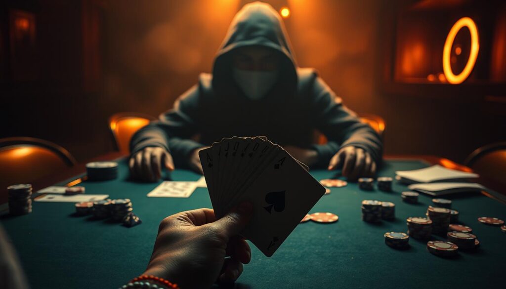 A poker table set against a dimly lit, atmospheric backdrop. In the foreground, a hand of cards is held by a player, their face obscured in shadow, conveying a sense of intense concentration. The table is adorned with chips, dice, and other accoutrements of the game, creating a moody, tactile atmosphere. Warm, directional lighting illuminates the scene, casting dramatic shadows and highlighting the intricate details of the cards and table surface. The composition emphasizes the strategic nature of the game, with a sense of tension and anticipation permeating the scene.