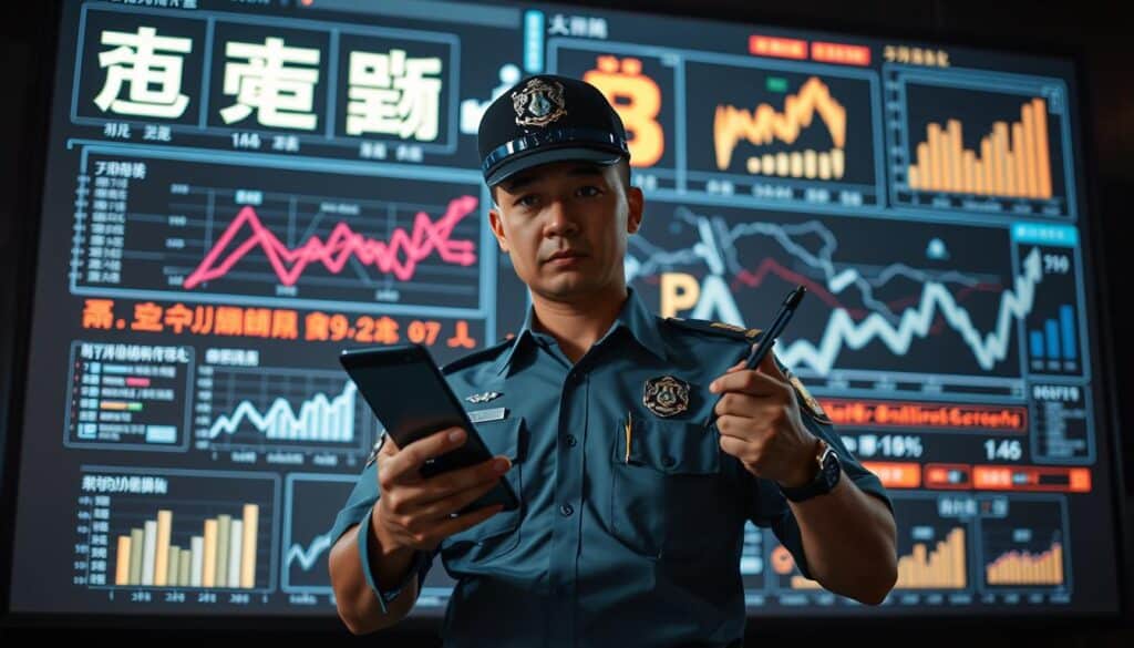 A police officer stands resolute, holding a smartphone in one hand and a pen in the other, ready to document a report of fraud. The officer's uniform is crisp, conveying authority and professionalism. Behind them, a digital display shows a series of graphs and charts, visualizing the complex web of online scams. The lighting is sharp and precise, casting dramatic shadows that emphasize the gravity of the situation. The overall scene radiates a sense of vigilance and determination to combat the growing threat of entertainment center fraud in Taiwan.