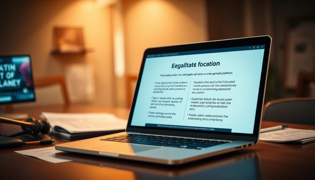 A professional assessment of the legality of online gaming platforms, showcased in a clean, authoritative visual style. A laptop or desktop computer takes center stage, with a sleek, modern design and a large screen displaying information about the legal status of online entertainment platforms. The background is a softly blurred office setting, with subtle hints of financial documents and legal paperwork to reinforce the evaluative nature of the subject. Warm, neutral lighting casts a refined, analytical atmosphere, while the camera angle is slightly elevated to convey a sense of thorough, objective analysis. The overall mood is one of serious, well-researched exploration of the legal landscape surrounding online entertainment.