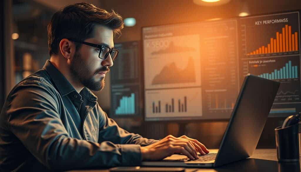 A professional business analyst working on a laptop, surrounded by charts and graphs visualizing key performance indicators (KPIs) related to SEO. The analyst has a thoughtful expression, deeply engaged in studying the data. The scene is lit by a warm, focused light, creating a sense of productivity and focus. The background is blurred, emphasizing the central figure and the importance of the KPIs being analyzed. The overall atmosphere conveys the significance of KPIs in driving SEO strategy and performance.