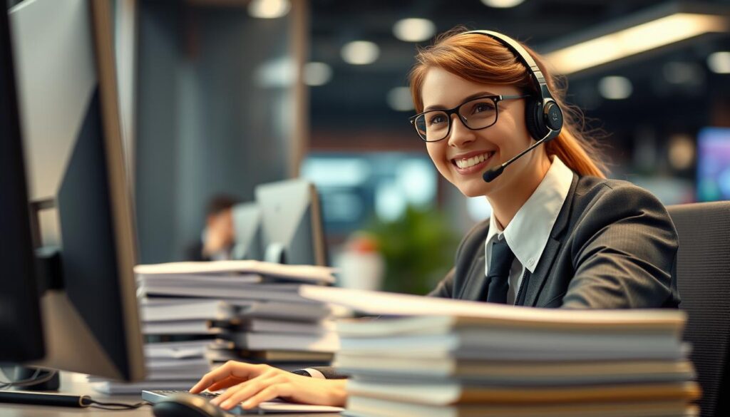 A professional customer service representative sitting at a desk, wearing a formal attire and a warm, friendly expression. The foreground features a well-organized workstation with a computer, headset, and stacks of neatly organized documents. The middle ground showcases the representative's focused, attentive posture, exuding a sense of professionalism and dedication. The background is softly blurred, creating a calming, office-like atmosphere with subtle hints of the company's branding or decor. The overall scene conveys the importance of customer service excellence, with the representative embodying the key attributes of knowledge, empathy, and problem-solving skills.