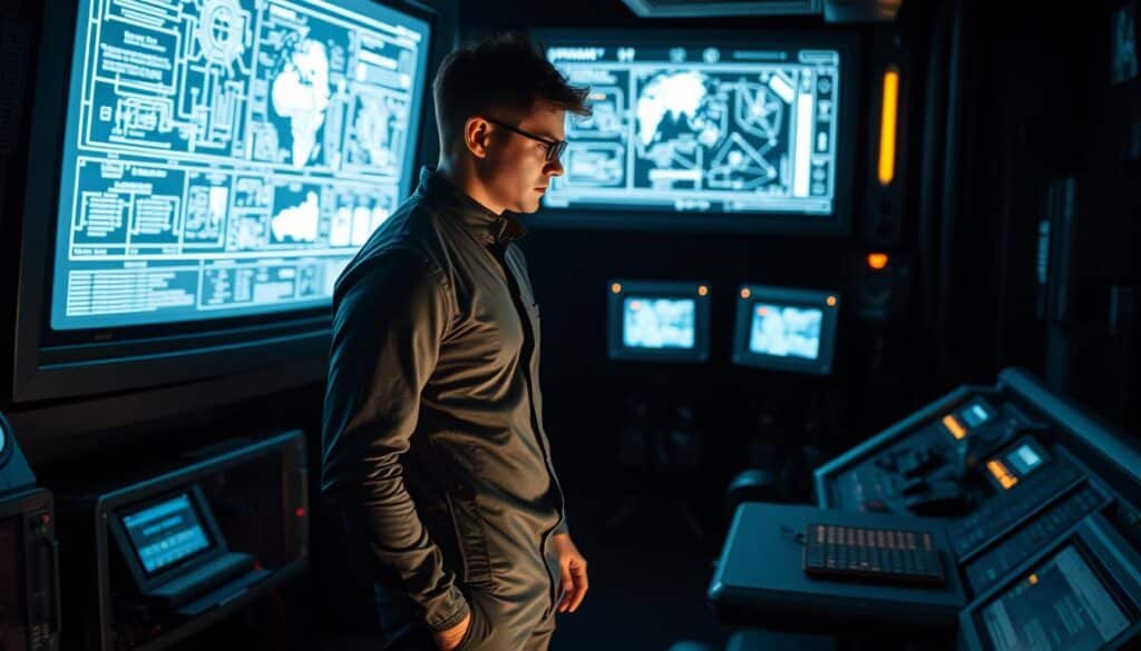 A professional engineer standing in a dimly lit, high-tech control room, surrounded by holographic displays and futuristic machinery. The engineer, dressed in a sleek, graphite-colored jumpsuit, is intently focused on a complex set of schematics projected onto a large, curved screen. Subtle lighting casts dramatic shadows, creating a sense of intensity and purpose. The room's metallic surfaces and strategic placement of equipment suggest a methodical, calculated approach to problem-solving. The overall atmosphere conveys the pivotal role of technology in shaping and customizing interactive experiences.